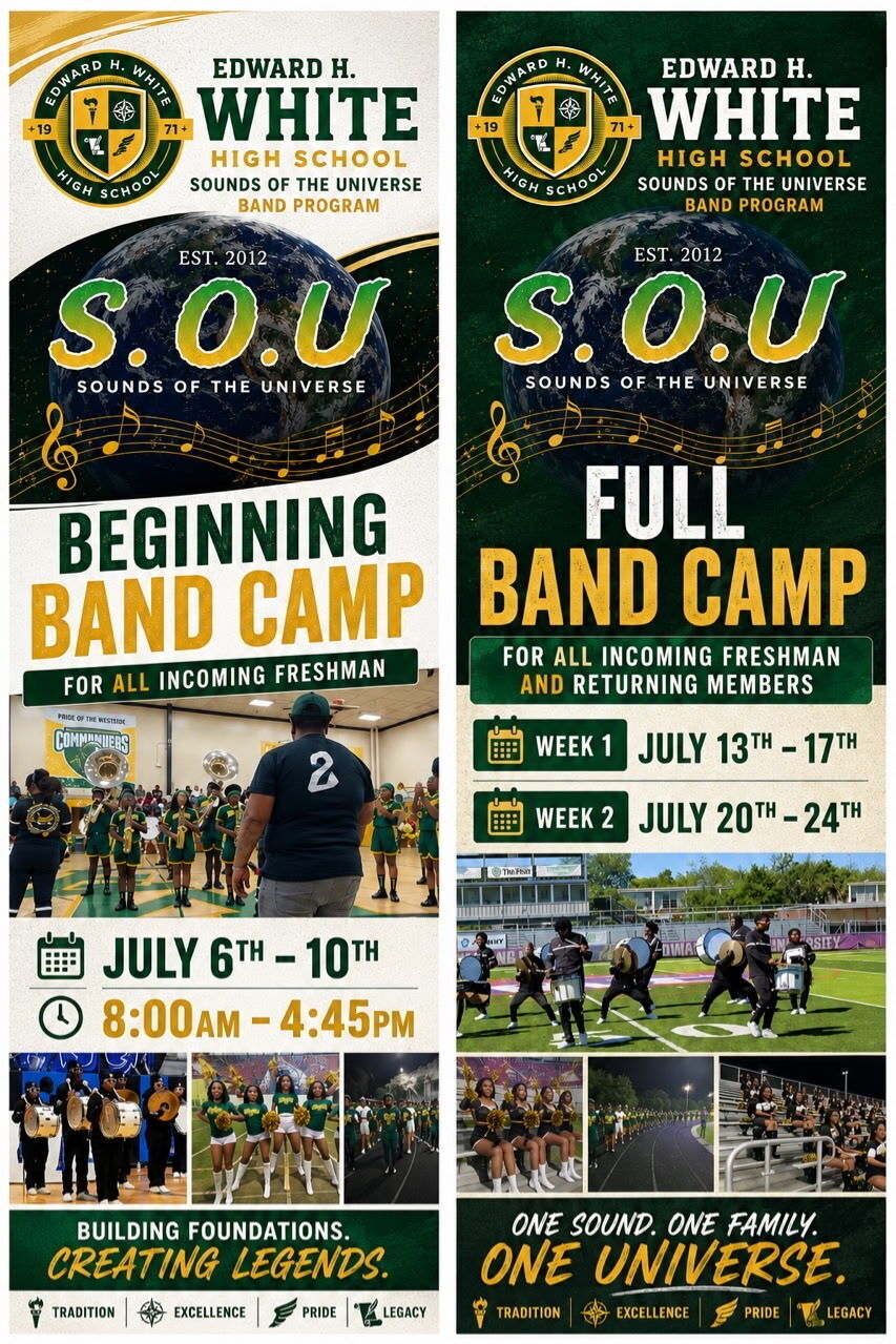 Two posters for Edward H. White High School's Band Program. First poster features a band camp schedule for July 6-10. Second poster shows full band camp for July 13-17 and July 20-24.
