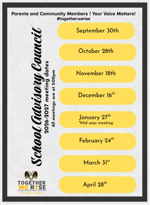 A schedule for the 2024-2025 school advisory council meetings. Dates include September 30, October 28, and more.