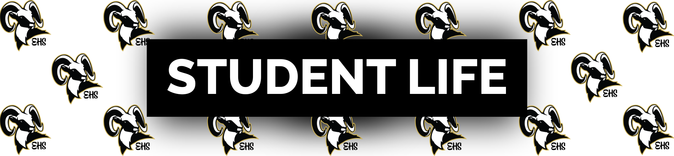 "Student Life" written in white capital letters on a black background with a repeating pattern of black and white shapes.