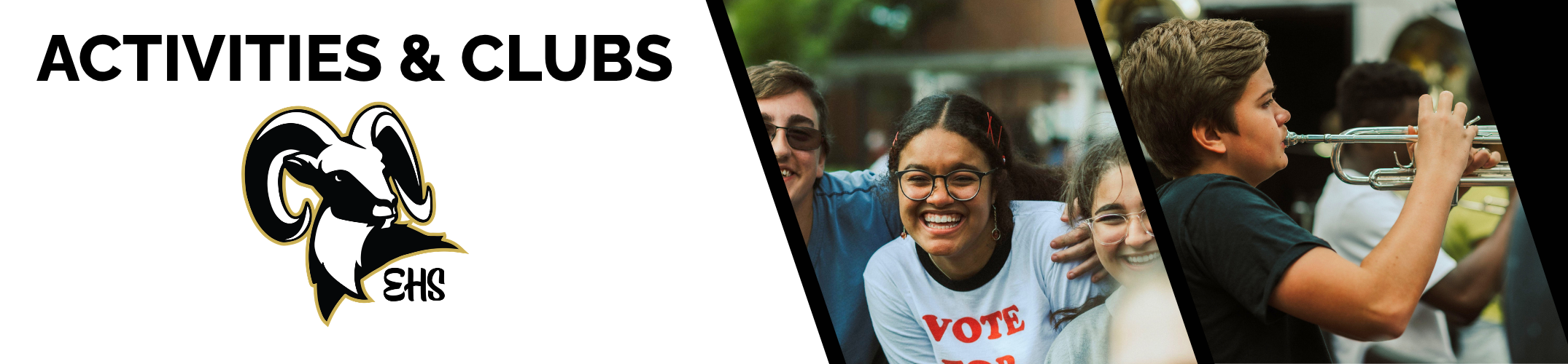 Banner for activities and clubs with logo and photo of students smiling and interacting at a school.