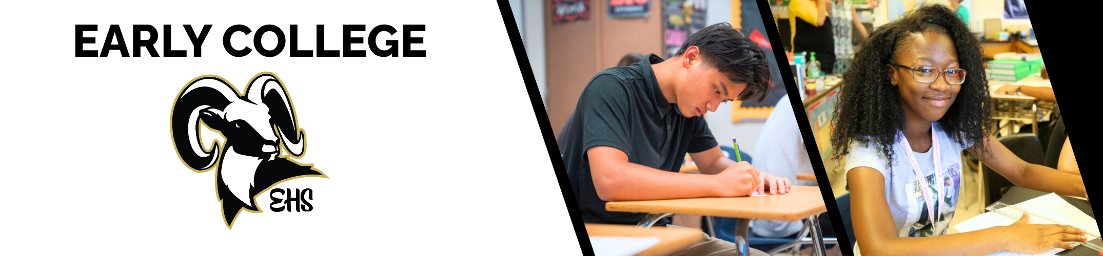 Collage of two students writing, logo at top. Background is white and black.