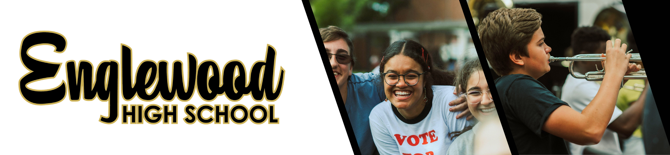 The Englewood High School logo and a collage of students, including a smiling girl, a boy in a black t-shirt, and others.