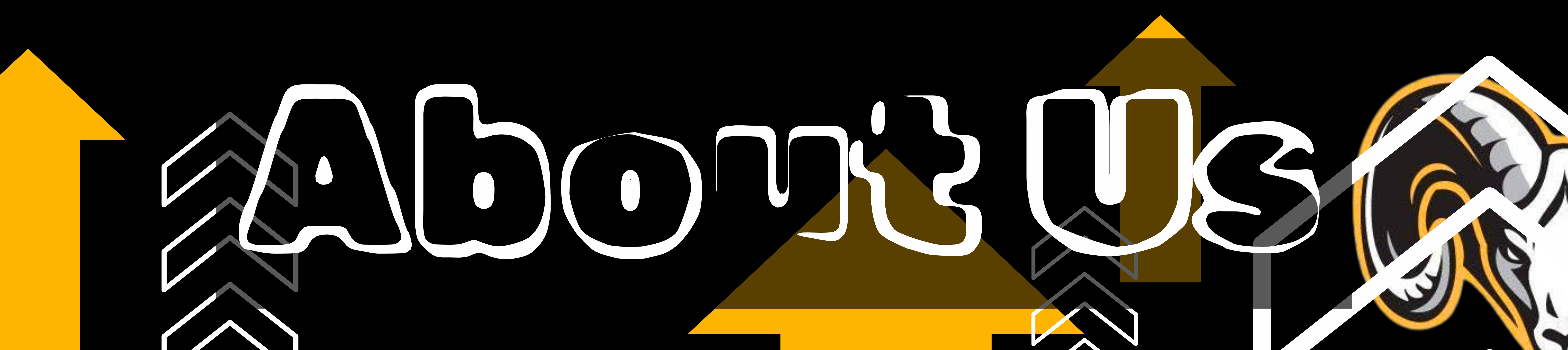Black background with white text "About Us" and arrows pointing up, one yellow and two white.