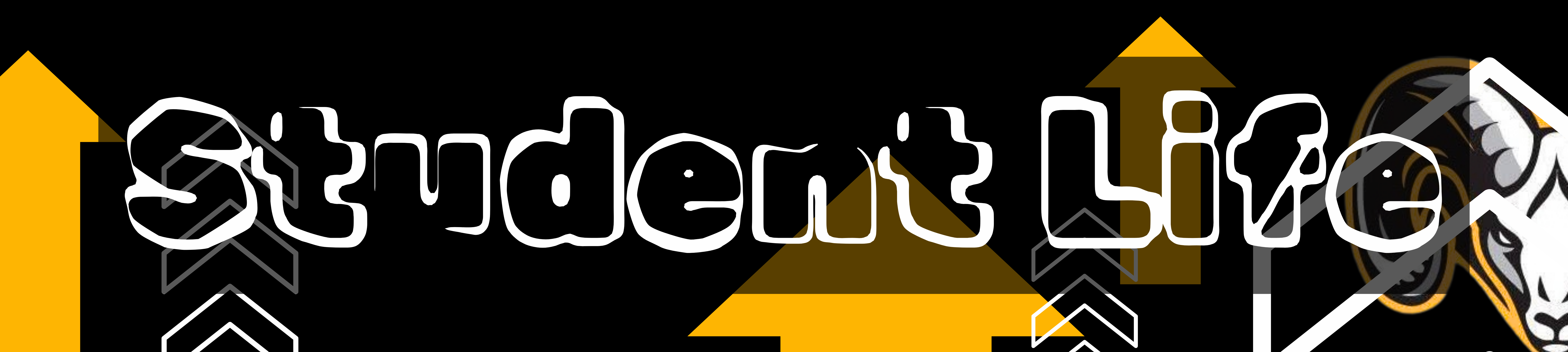 Black and yellow background with white text reading "Student Life" and geometric shapes including arrows.