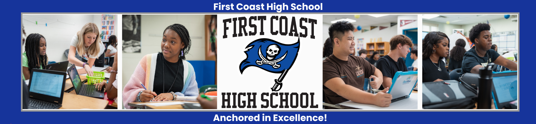 Collage of students working on computers with a blue logo featuring a skull and crossbones.