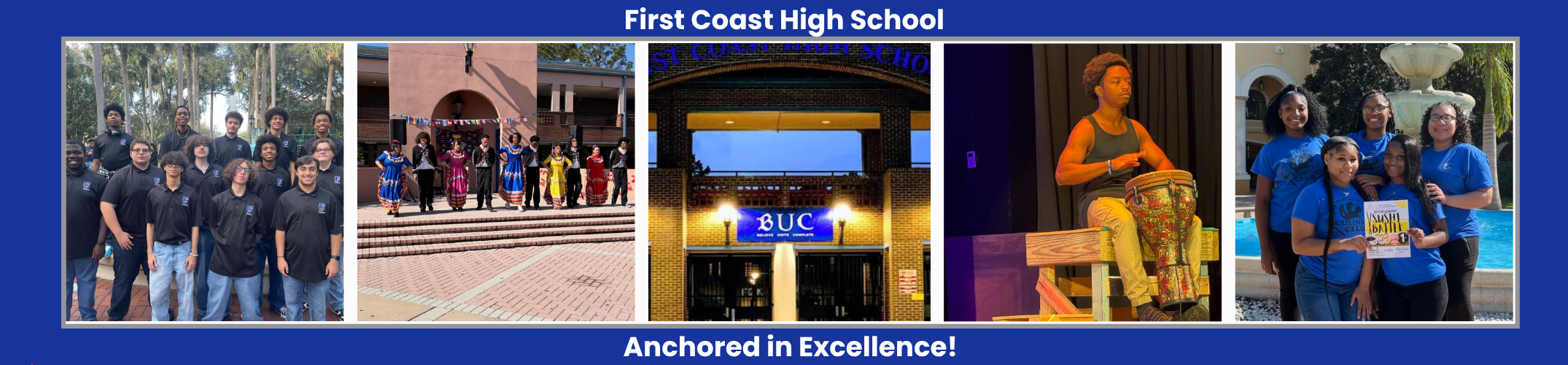 Collage of four photos with blue background. Scenes include a group, a building entrance, a stage, and people.