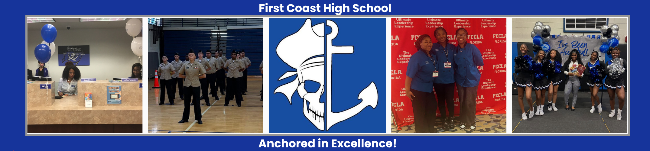 Collage featuring a school logo, group of students in uniform, a gathering of people, and a sports team.