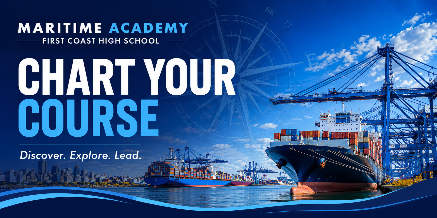 An advertisement displays text with ships in the background. A crane is visible on the right.