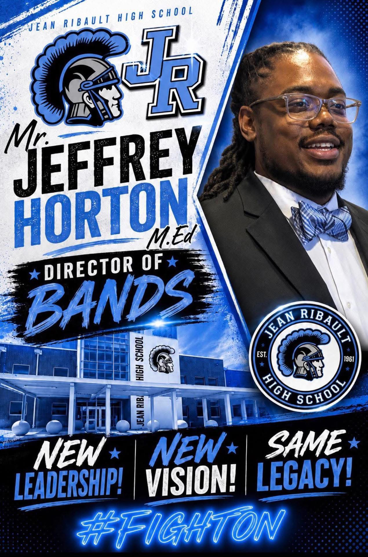 A blue and white poster features Mr. Jeffrey Horton, Director of Bands, wearing glasses and a bow tie. Background shows a school building.