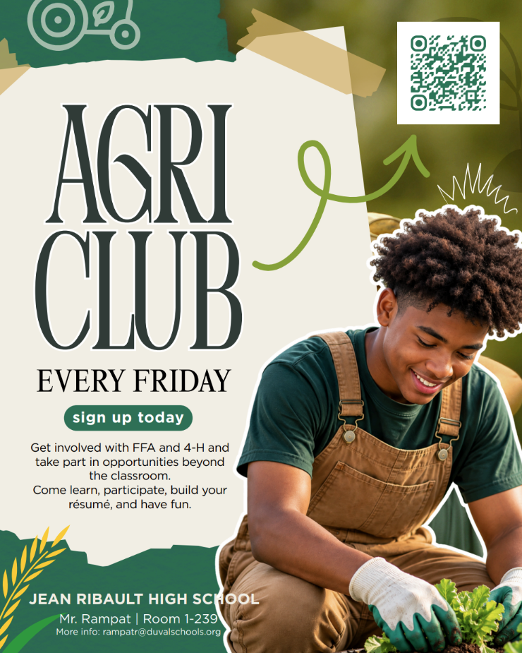Poster for Agri Club featuring a smiling male kneeling, planting vegetables. Green and white background. QR code.