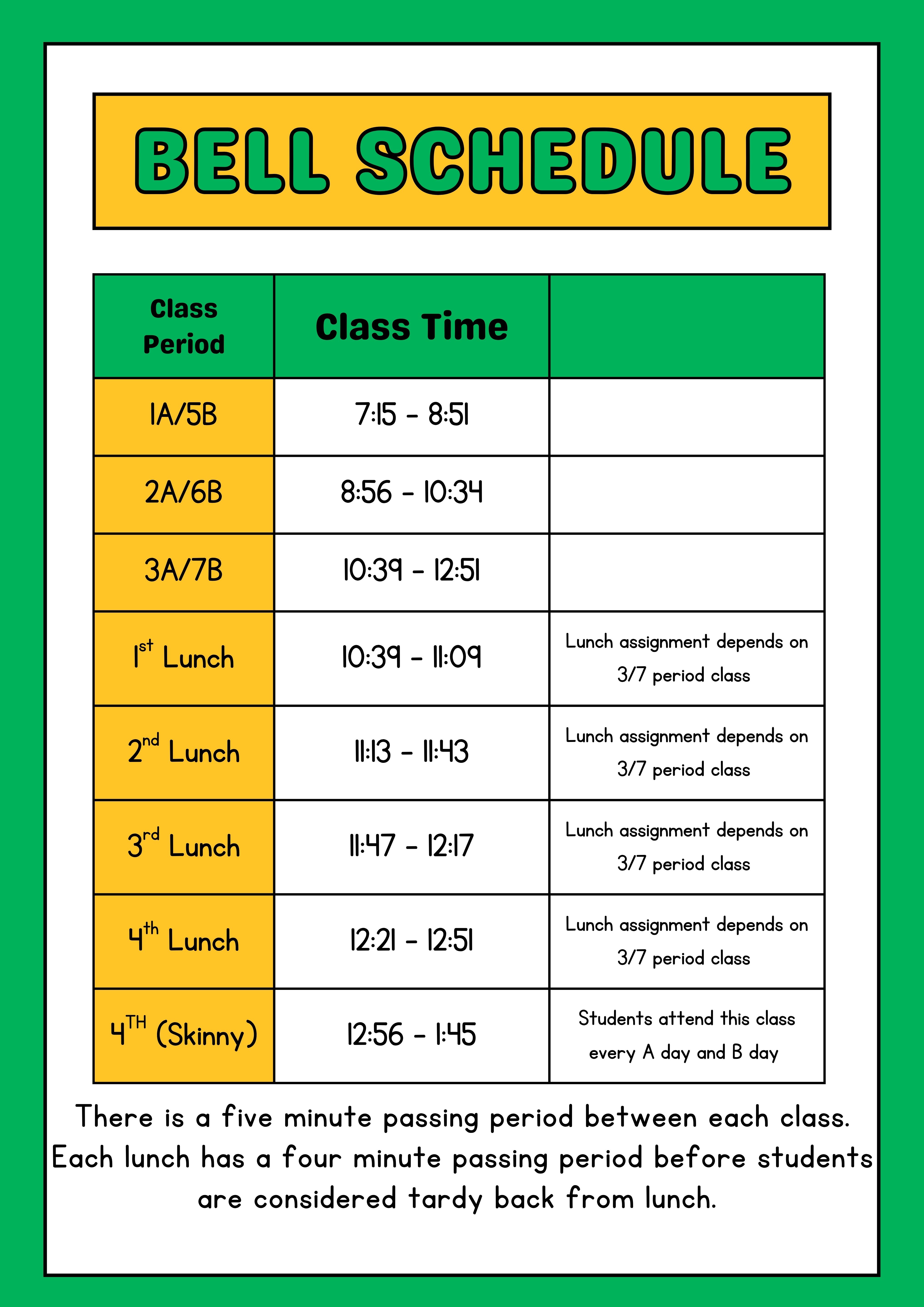 everyday bell schedule by class period and times