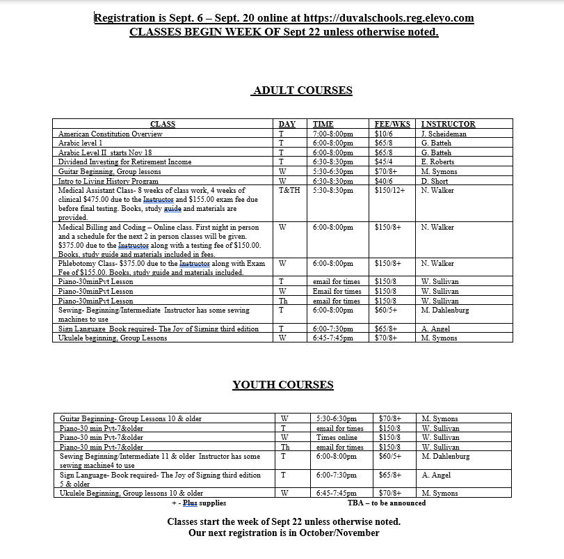 Schedule of classes for community education courses