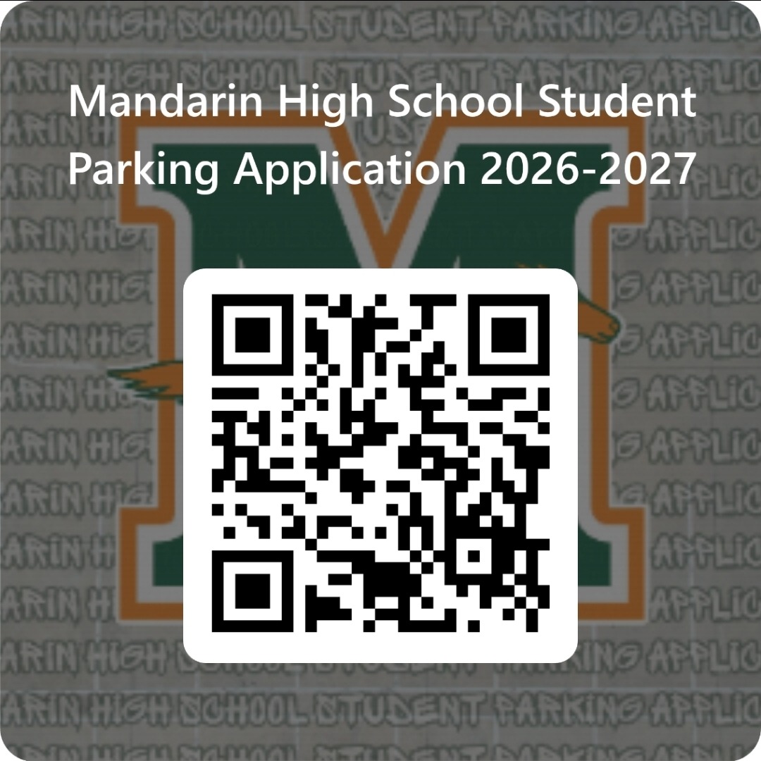 A green and white background with text above and below a QR code. Text reads "Mandarin High School Student Parking Application 2026-2027".