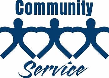 Logo with blue line figures holding hands with hearts above them, text reads "Community Service".