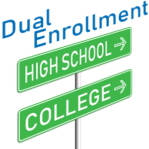 Two road signs, "High School" and "College," with arrows pointing right, placed on a white background, indicating a dual enrollment concept.