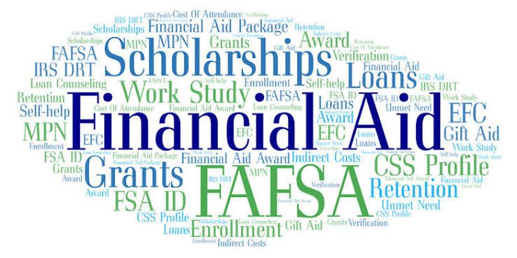 A word cloud includes "Scholarships," "Loans," "Financial Aid," "Grants," "FAFSA," and "CSS Profile" with varying font sizes and colors.