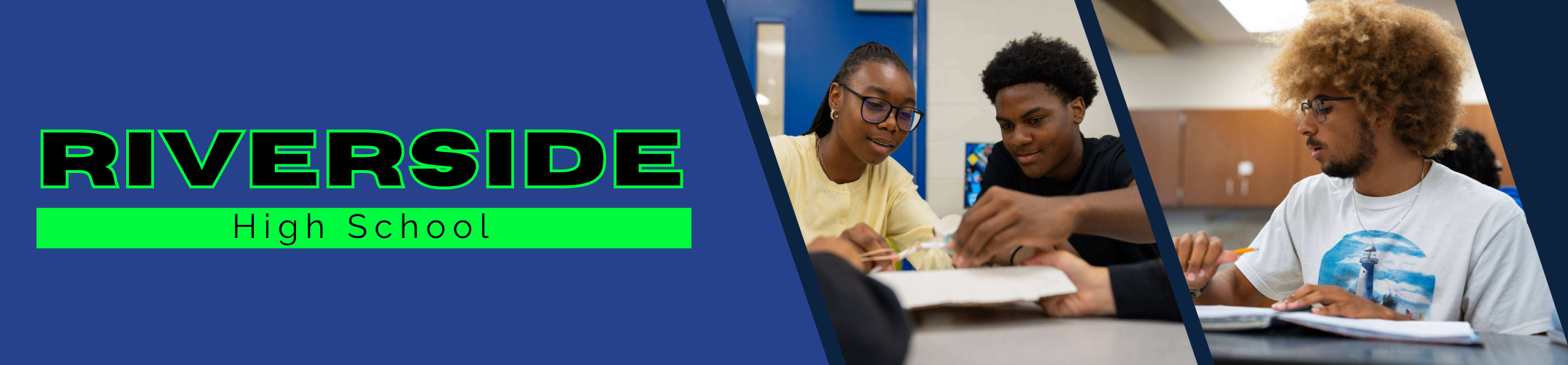 Three students in a classroom, one working on a paper, another reading, and the third writing. "RIVERSIDE High School" in green text.