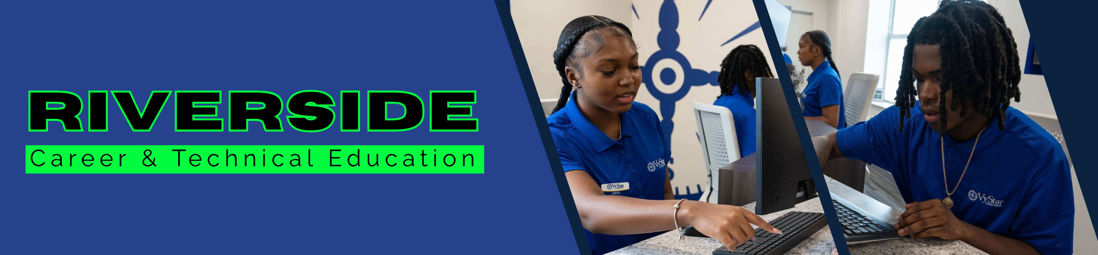 A collage of people working on computers with the Riverside Career & Technical Education logo on a blue background.