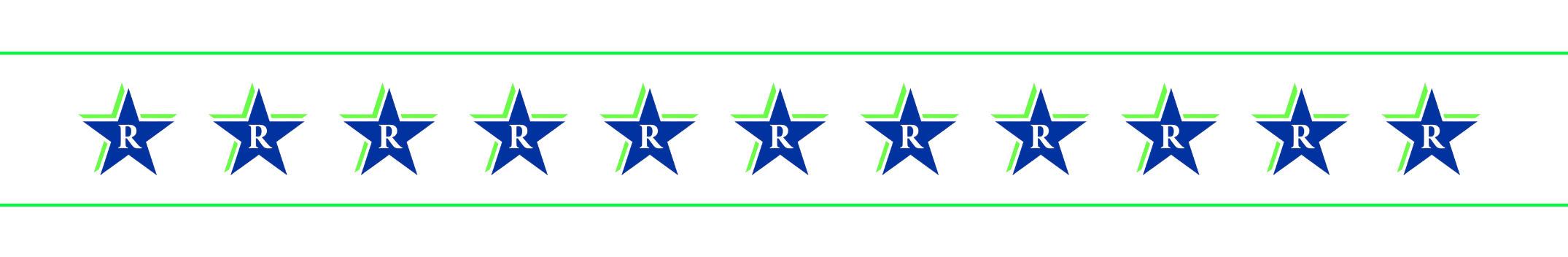 A horizontal row of 11 blue stars, with a green border above and below, set against a white background.