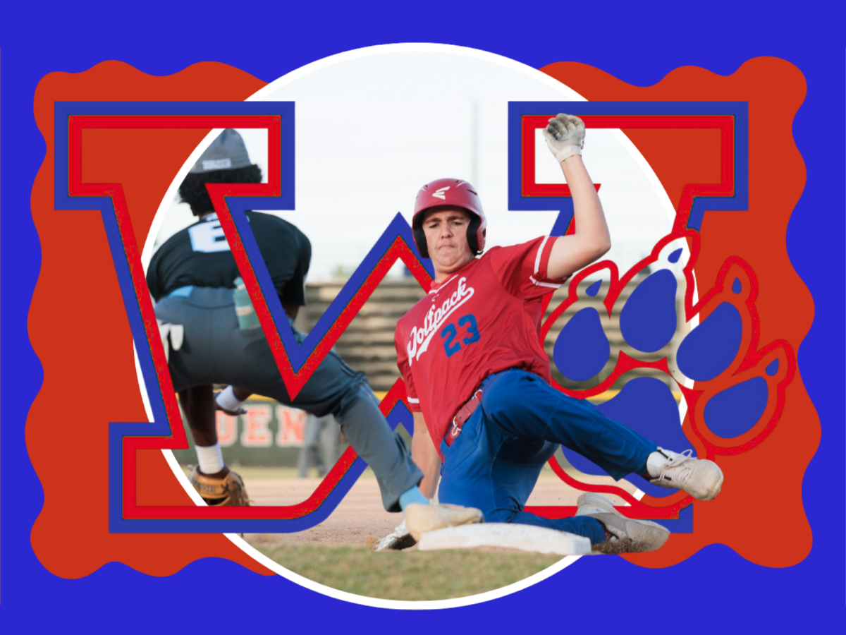 A baseball player in a red uniform slides into a base. An umpire stands behind, and a paw print is on the background.