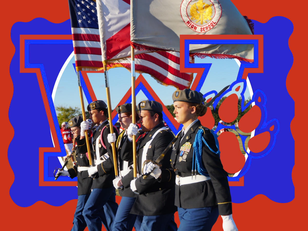 Military cadets holding flags walk in formation. A red background has blue shapes and a paw print.