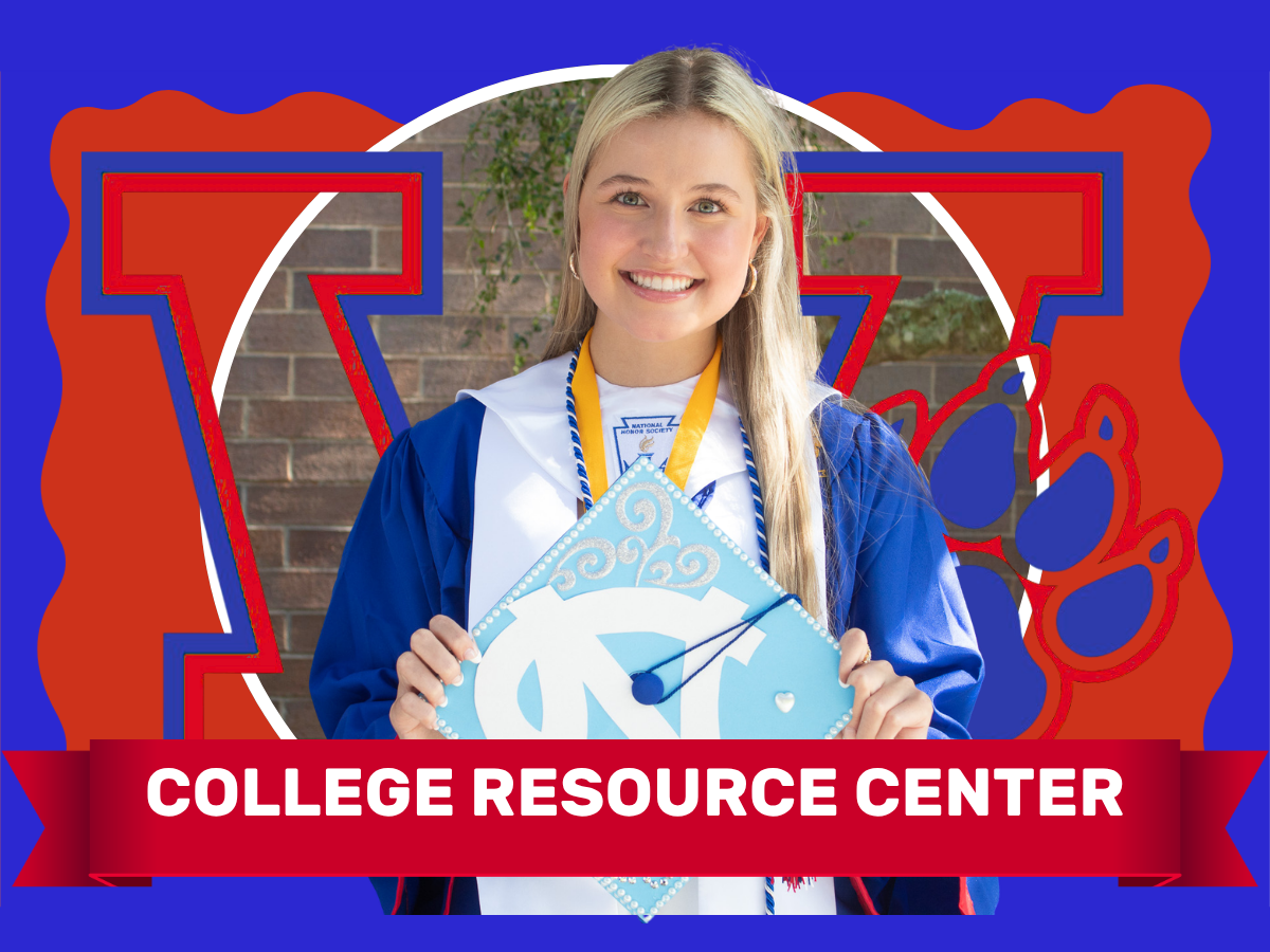 A woman in a blue gown holds a graduation cap in front of a brick wall. "College Resource Center" is displayed on a red ribbon.