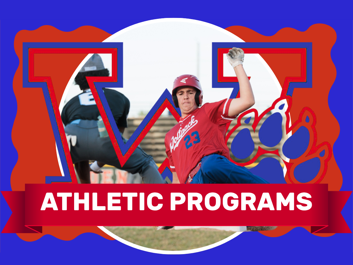 A graphic with a blue paw print and text "Athletic Programs" shows a baseball player in red and a catcher in black.