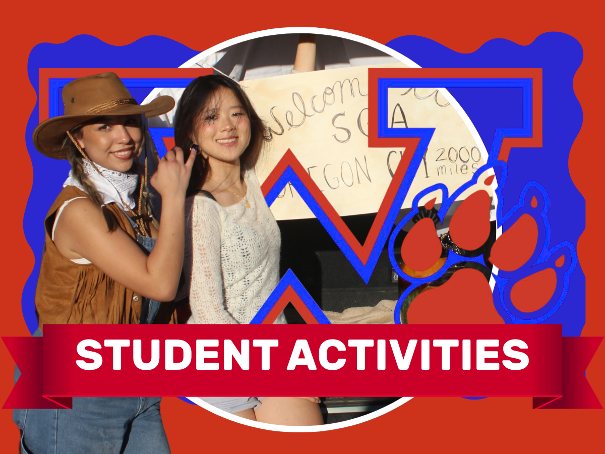 Two women pose with a welcome sign. One wears a hat and vest; the other has a white top. Red background with "Student Activities" text.