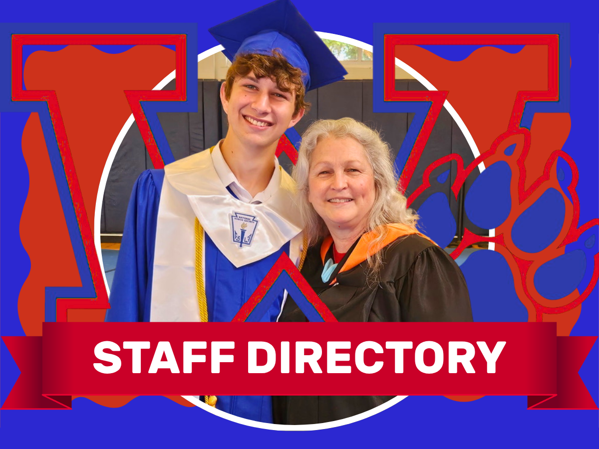 A young man and an older woman in academic robes stand beside each other. Text reads "Staff Directory".