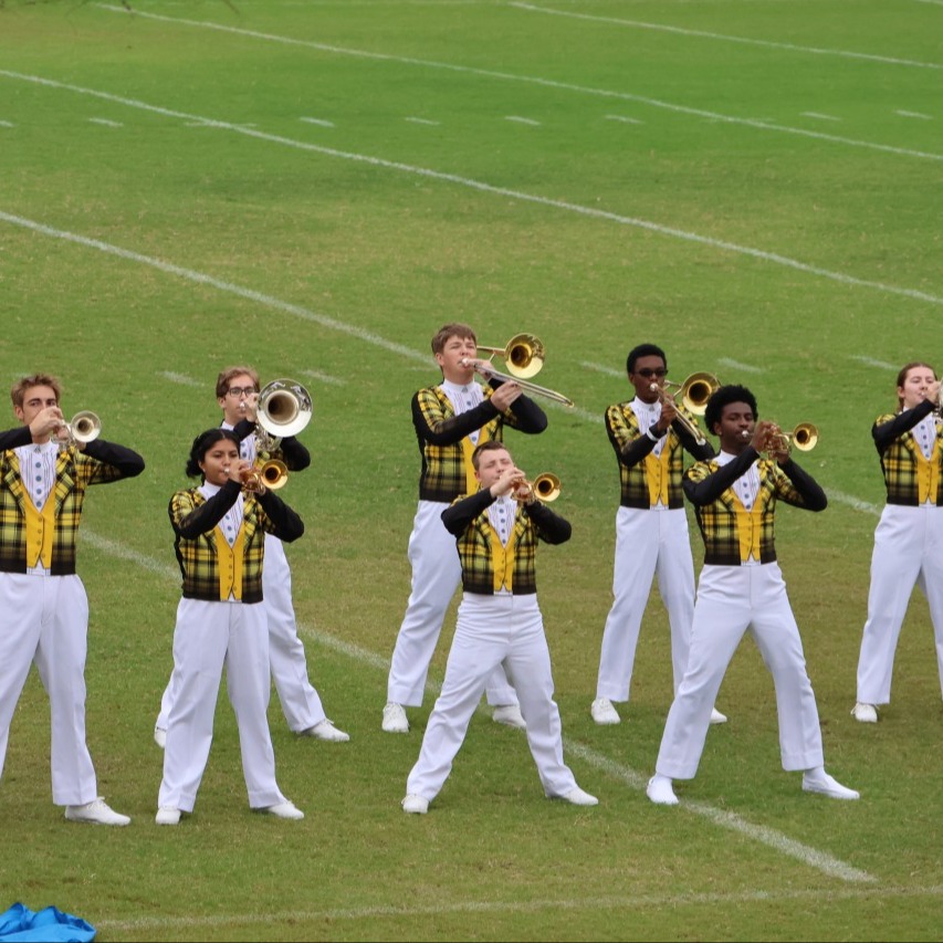 A marching band in yellow and white uniforms plays brass instruments on a green field with white markings.