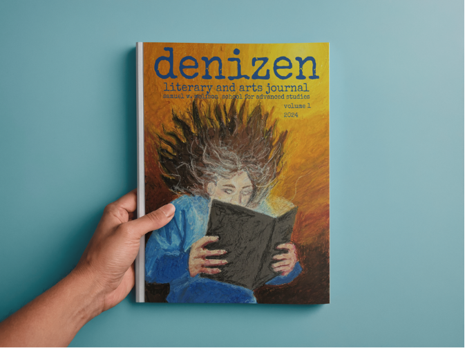 A hand holds a magazine titled "denizen" with a blue background. The cover features a person reading a book with a fiery background.