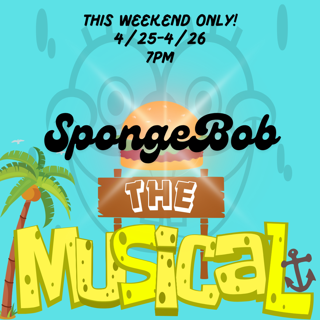 An event poster features a burger on a sign with "SpongeBob The Musical" below. The poster is blue with a palm tree and anchor.