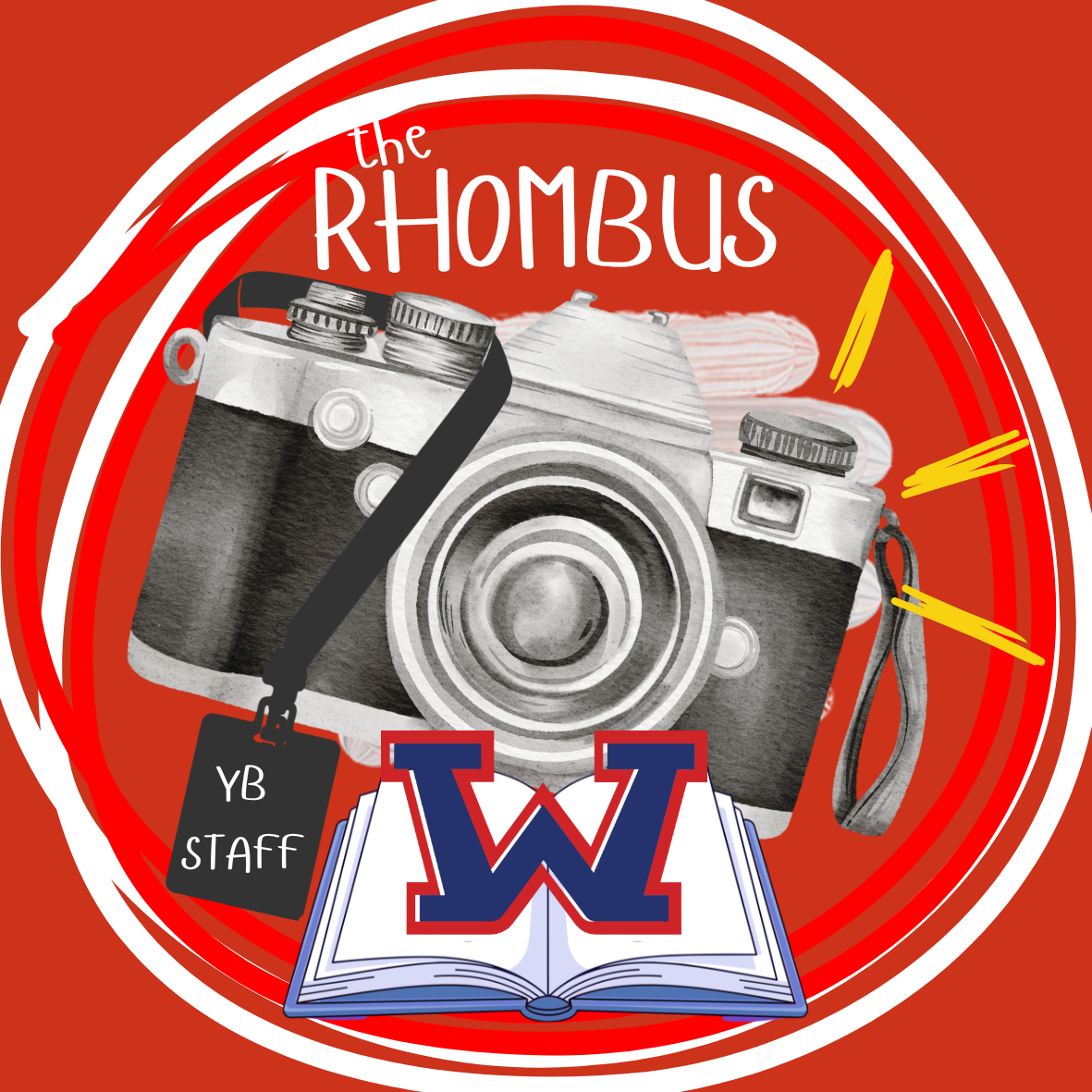 A logo featuring a camera on an open book. Text reads "The Rhombus" and "YB Staff". Background is red with concentric circles.