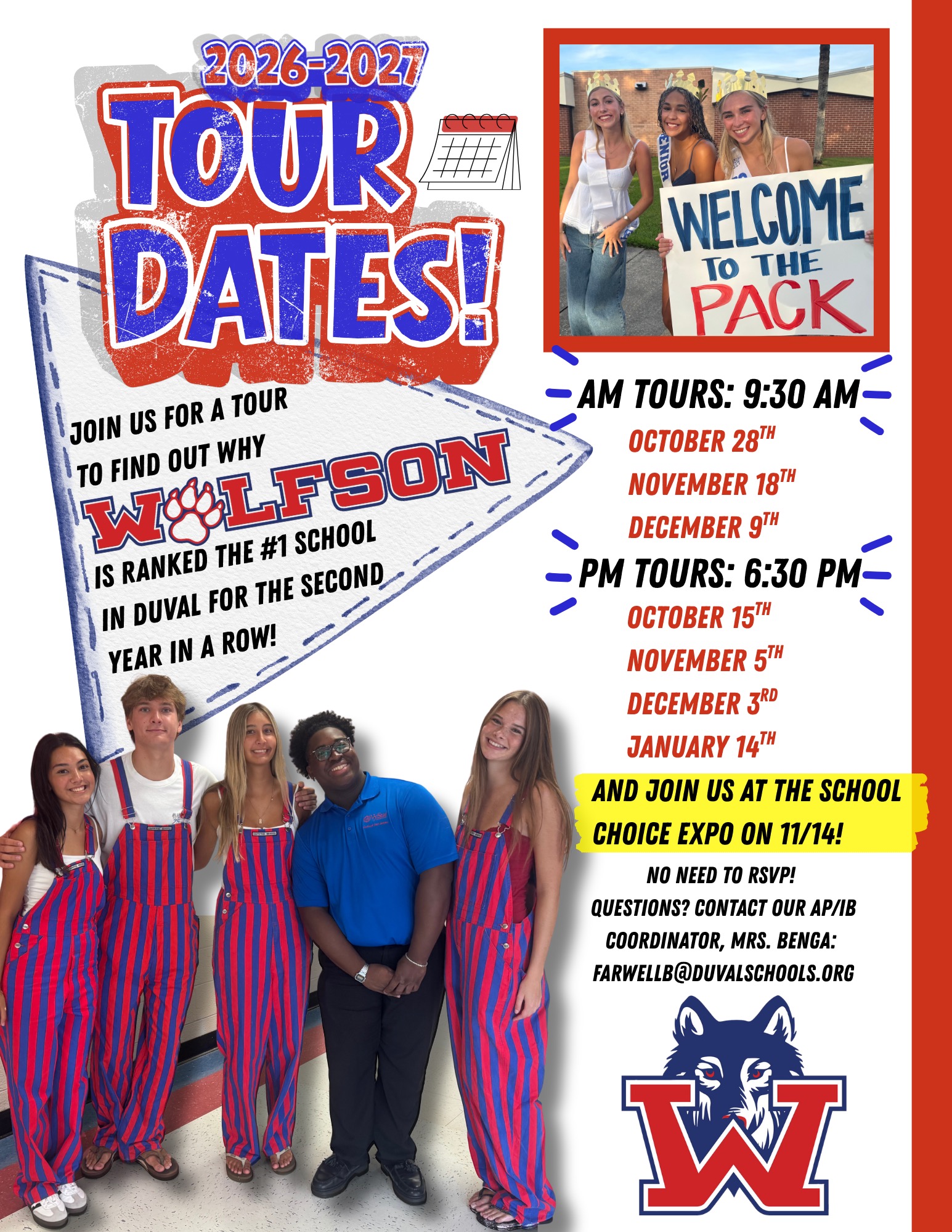An advertisement for a school tour shows people in red and blue uniforms with "Tour Dates!" and "Welcome to the Pack" text.