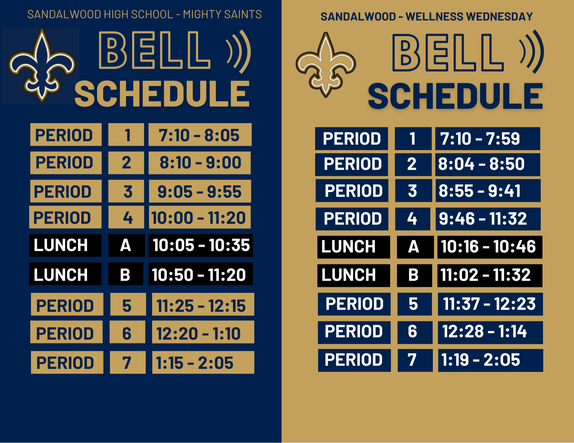 A schedule of bell times for two different days. The left side is labeled "Bell Schedule," and the right side is "Wellness Wednesday."