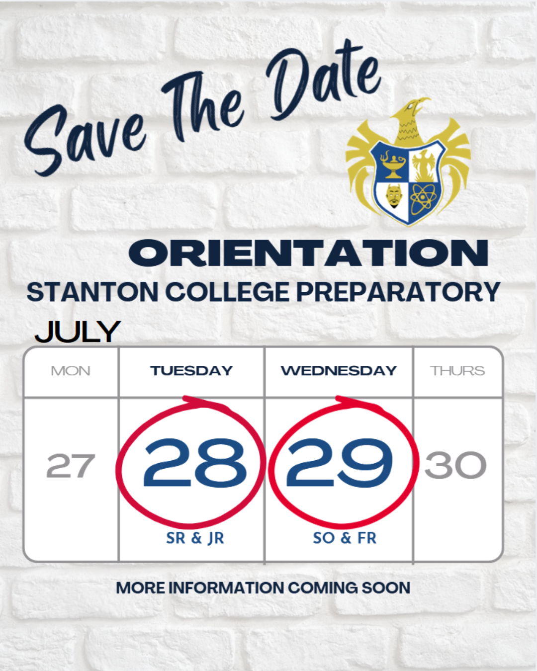 A white brick background displays a calendar with dates July 27-30. July 28 and 29 are circled, with text indicating sessions.