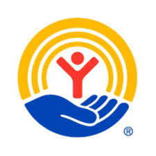 Logo featuring a blue hand holding a red figure in the shape of a Y against a yellow circle background.