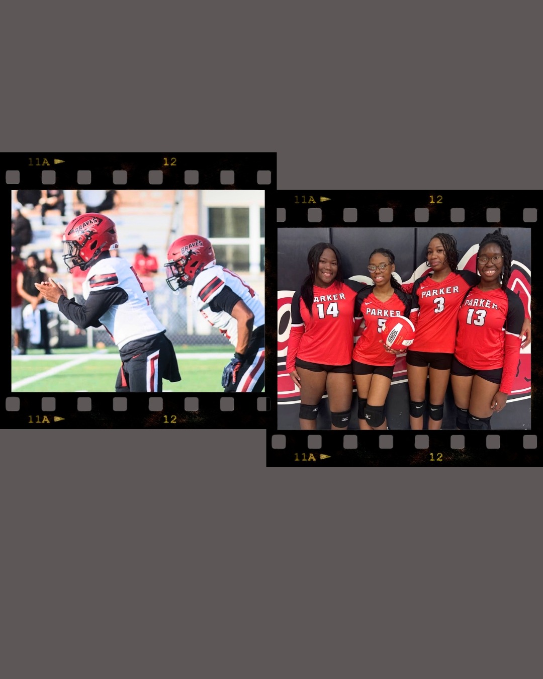 Two photos shown side by side. Left photo is a football player in red helmet. Right photo is four women in red shirts.