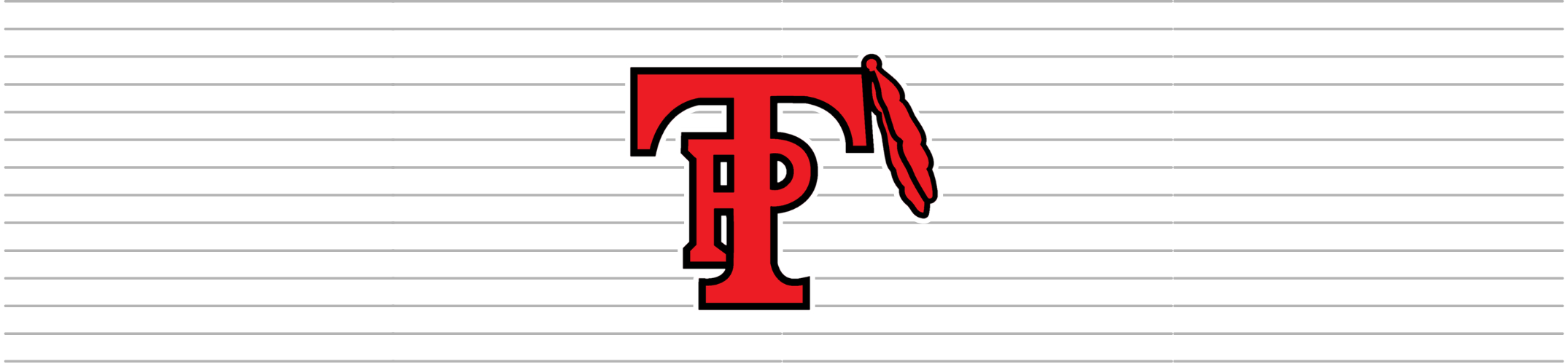 A red letter "T" with a feather design on top, against a white background with horizontal lines.