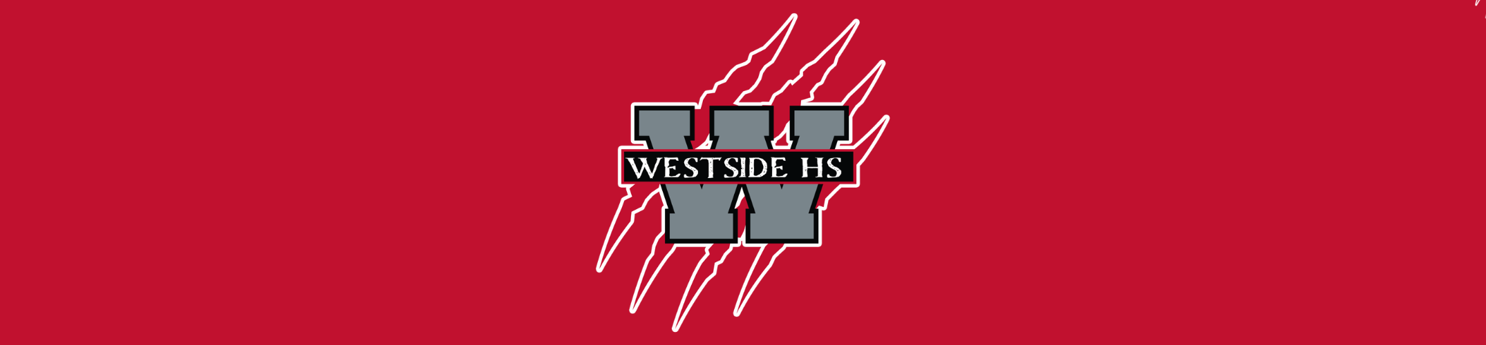 Red background with three gray rectangles in the center forming a W. "WESTSIDE HS" text is in black.
