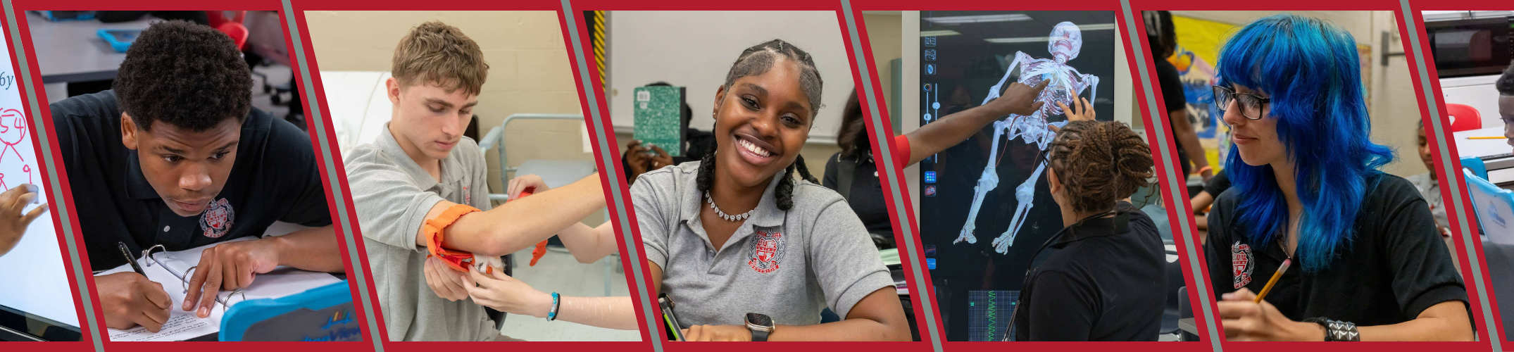 Multiple photos of students working together on projects and using technology, with some holding papers and others holding tools.