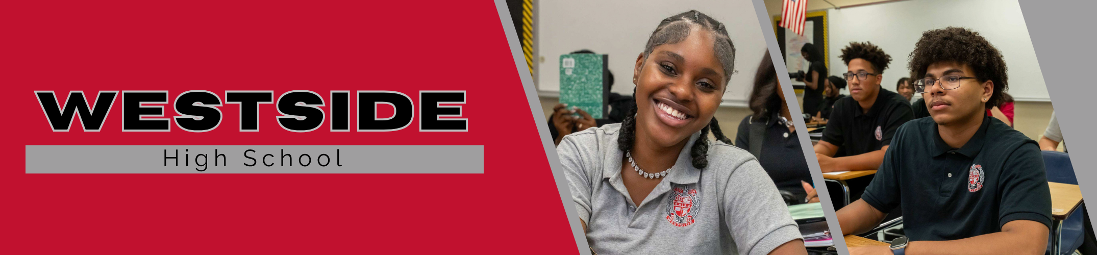A collage featuring students. A smiling student in a gray shirt is in the foreground with a red background and white text.