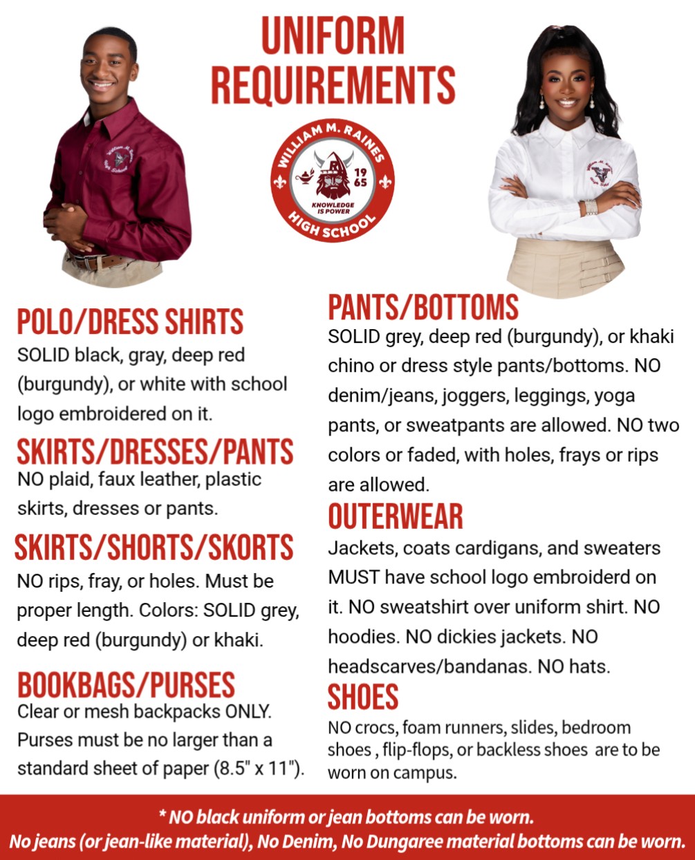 Visual of a flyer showing male and female students in school uniforms. Details of acceptable clothing for a school uniform are listed.