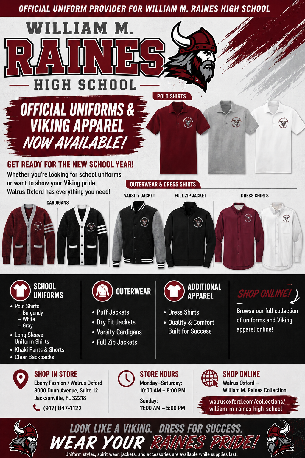 An advertisement displays various school uniforms and Viking apparel from William M. Raines High School. Items include polo shirts, varsity jackets, and dress shirts.