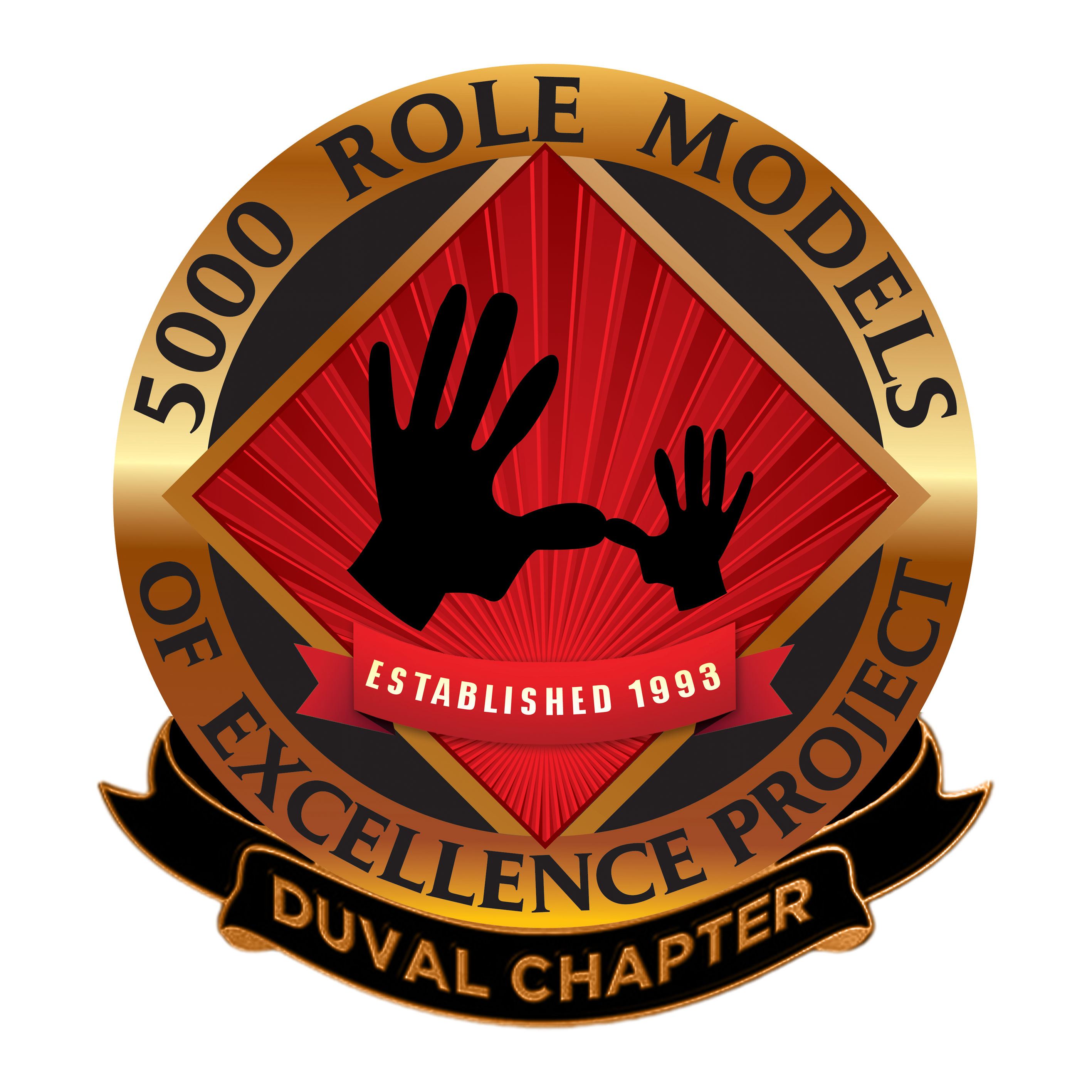 Gold-colored emblem featuring a red diamond shape with black hands holding each other. Text reads "5000 Role Models of Excellence Project" and "Established 1993" on a black background.