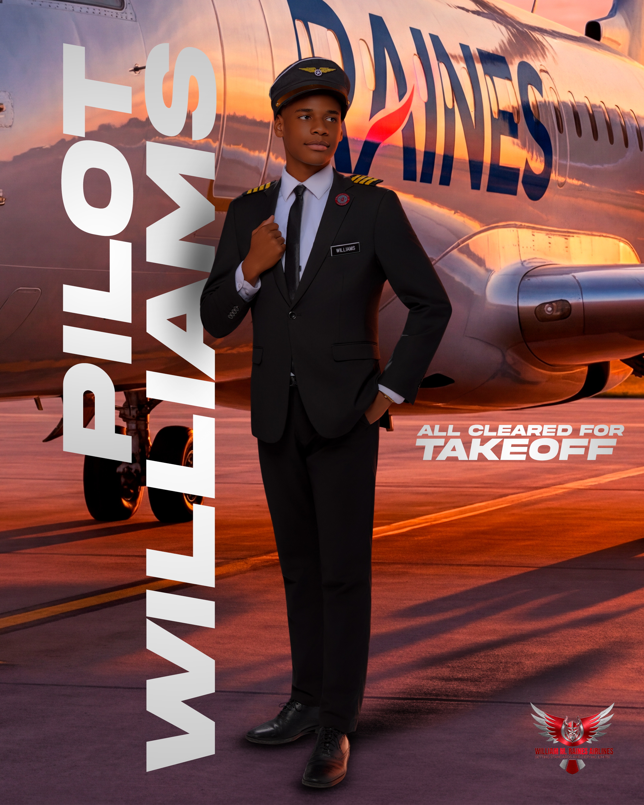 A person stands on the runway with an airplane behind. The text "PILOT WILLIAMS" and "ALL CLEARED FOR TAKEOFF" is on the image.