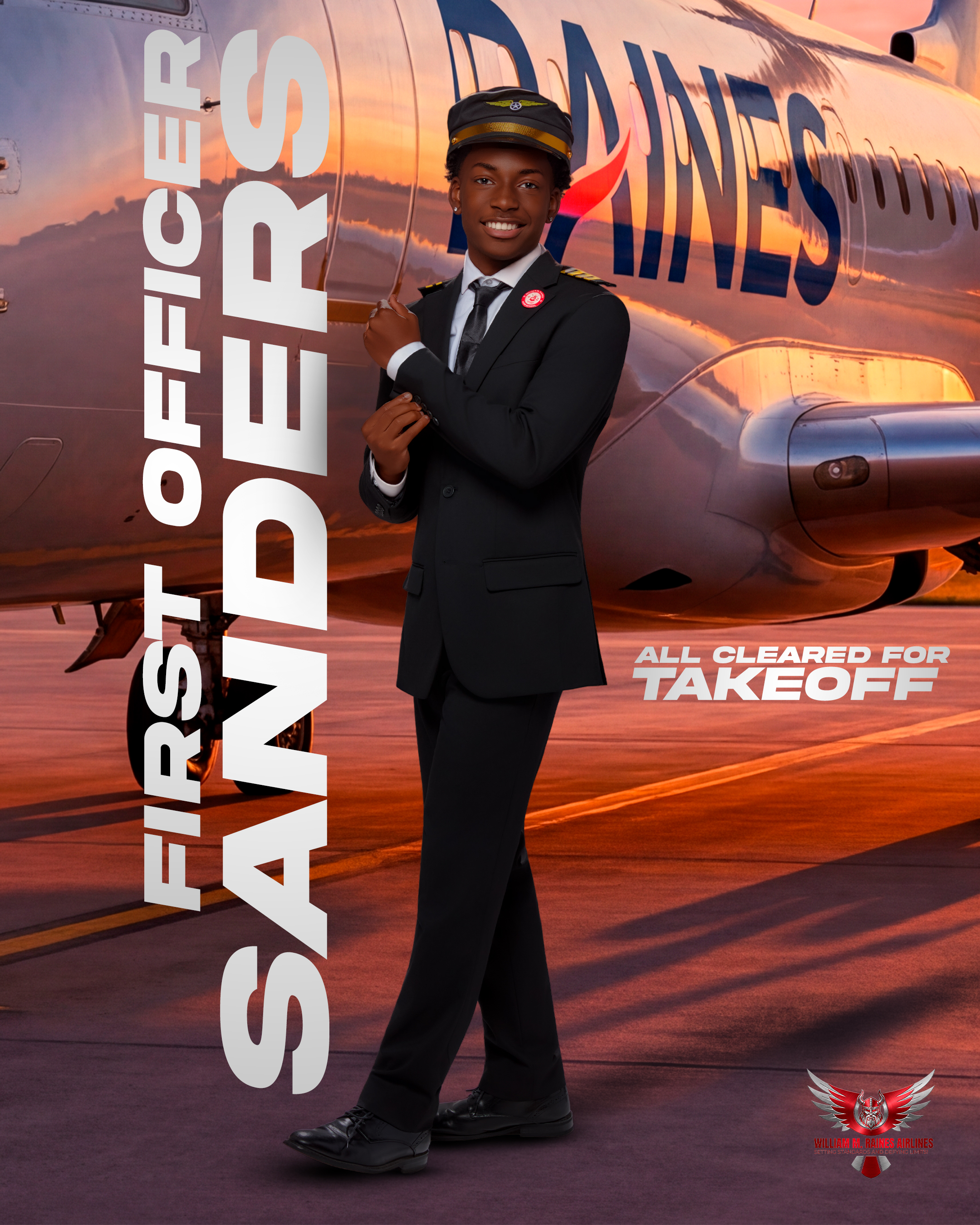 Person in a cap and suit standing next to a plane with the text "First Officer Sanders" and "All Cleared for Takeoff" below.