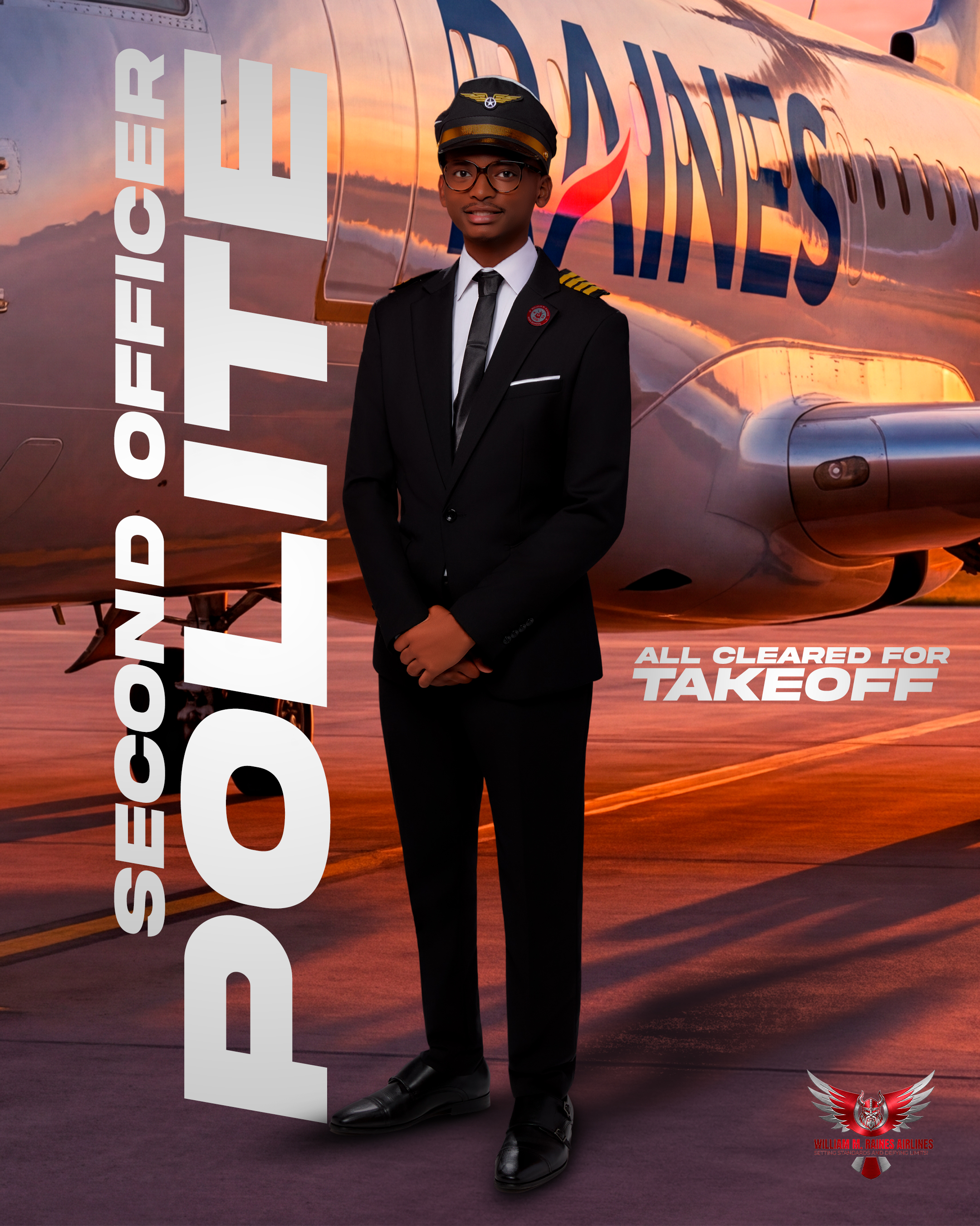 A man in a suit and tie stands in front of a plane, with "Polite" and "Second Officer" text on the left and "All Cleared for Takeoff" below.