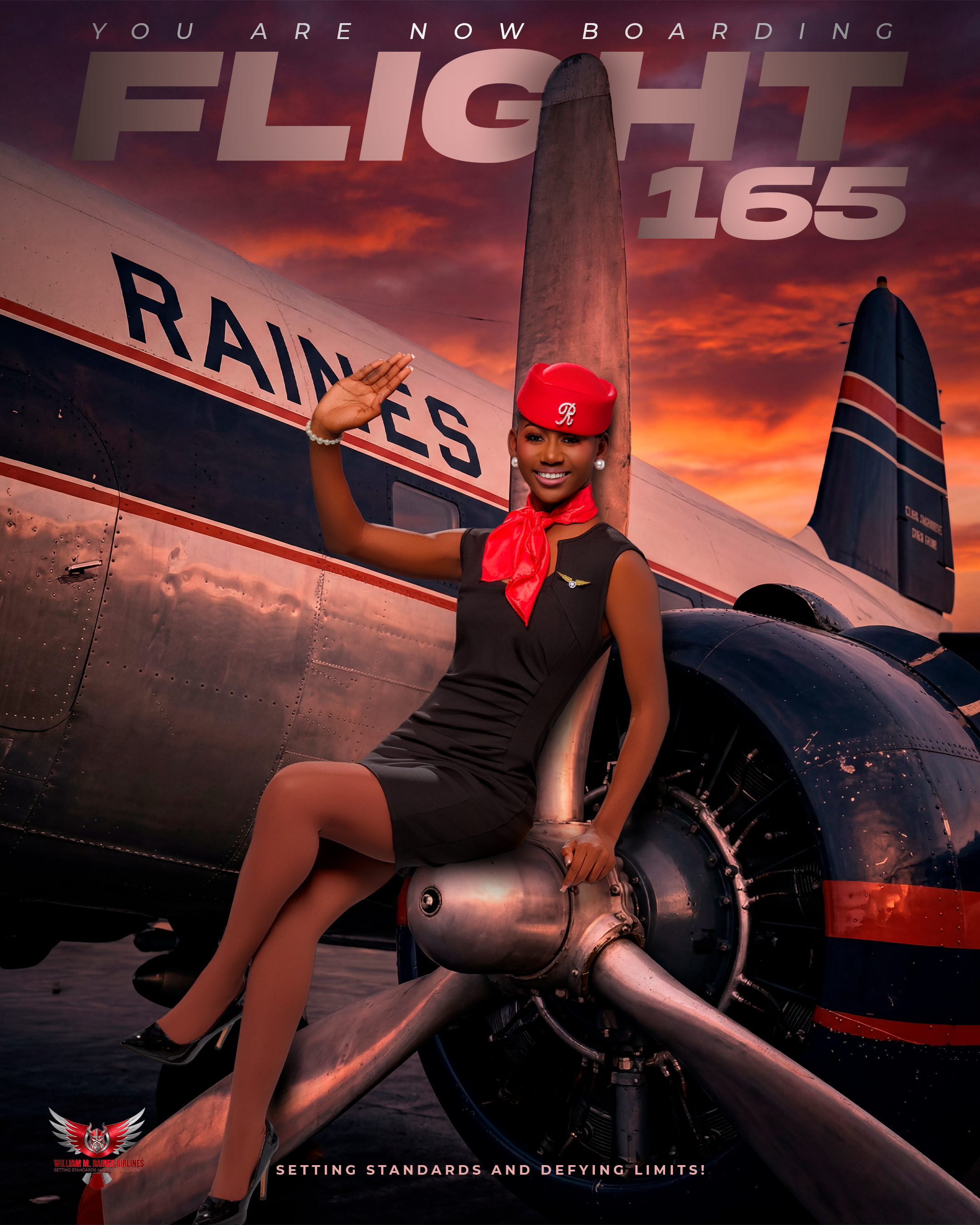 A woman sits on a plane's propeller. She wears a red cap and black dress with red scarf. The plane says "Flight 165" and "Raines" on the side.
