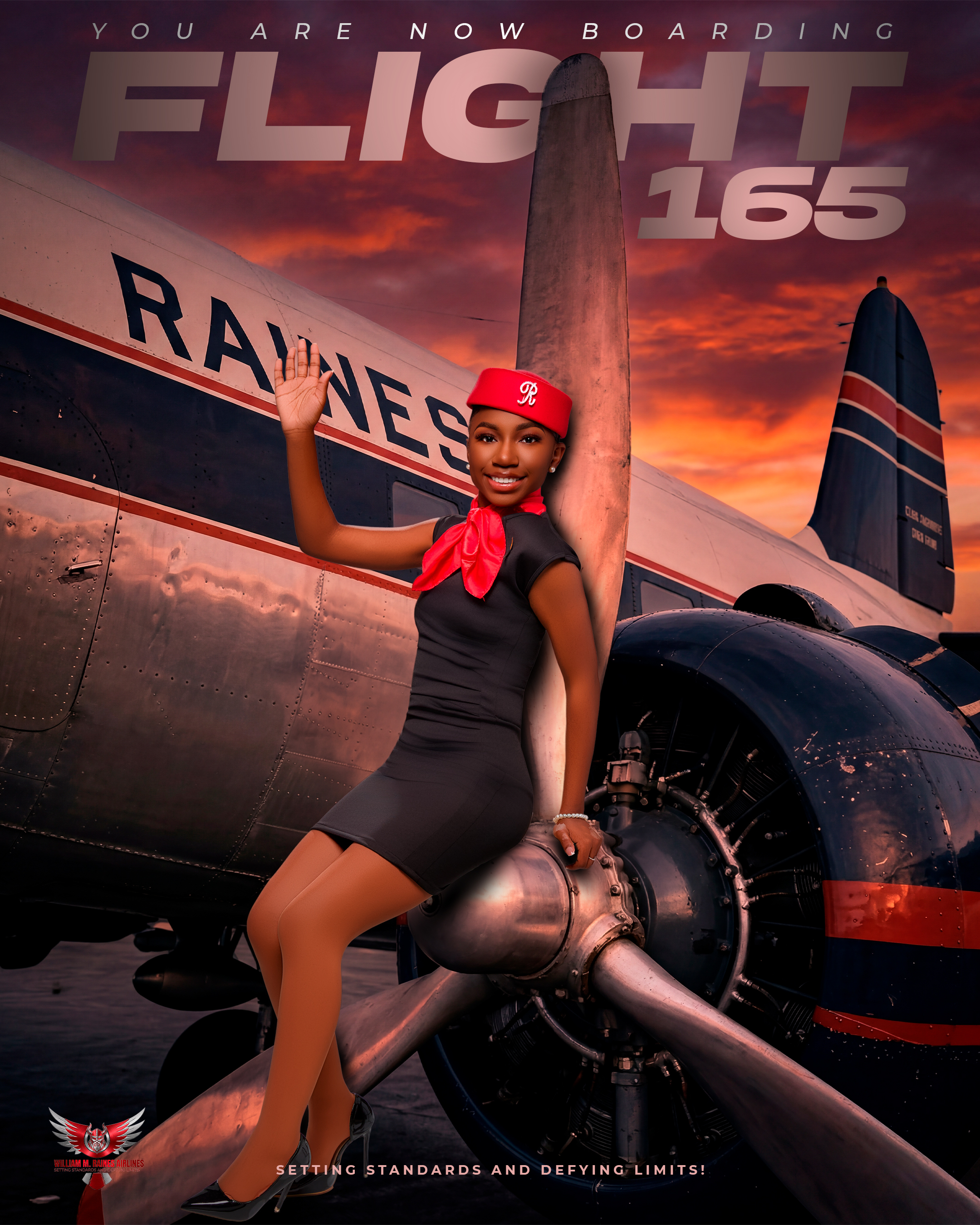 A woman in a red cap and black dress poses beside an airplane engine. The airplane has "RAINES" and "FLIGHT 165" written on it.